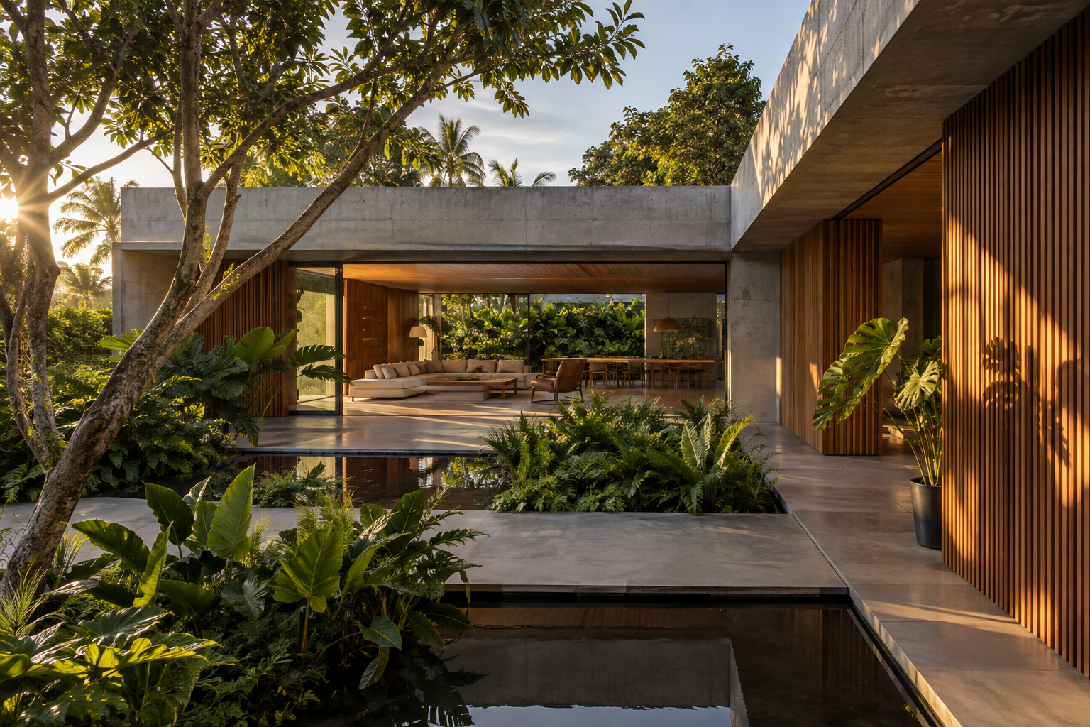 Casa contemporânea de concreto e madeira integrada a jardim tropical