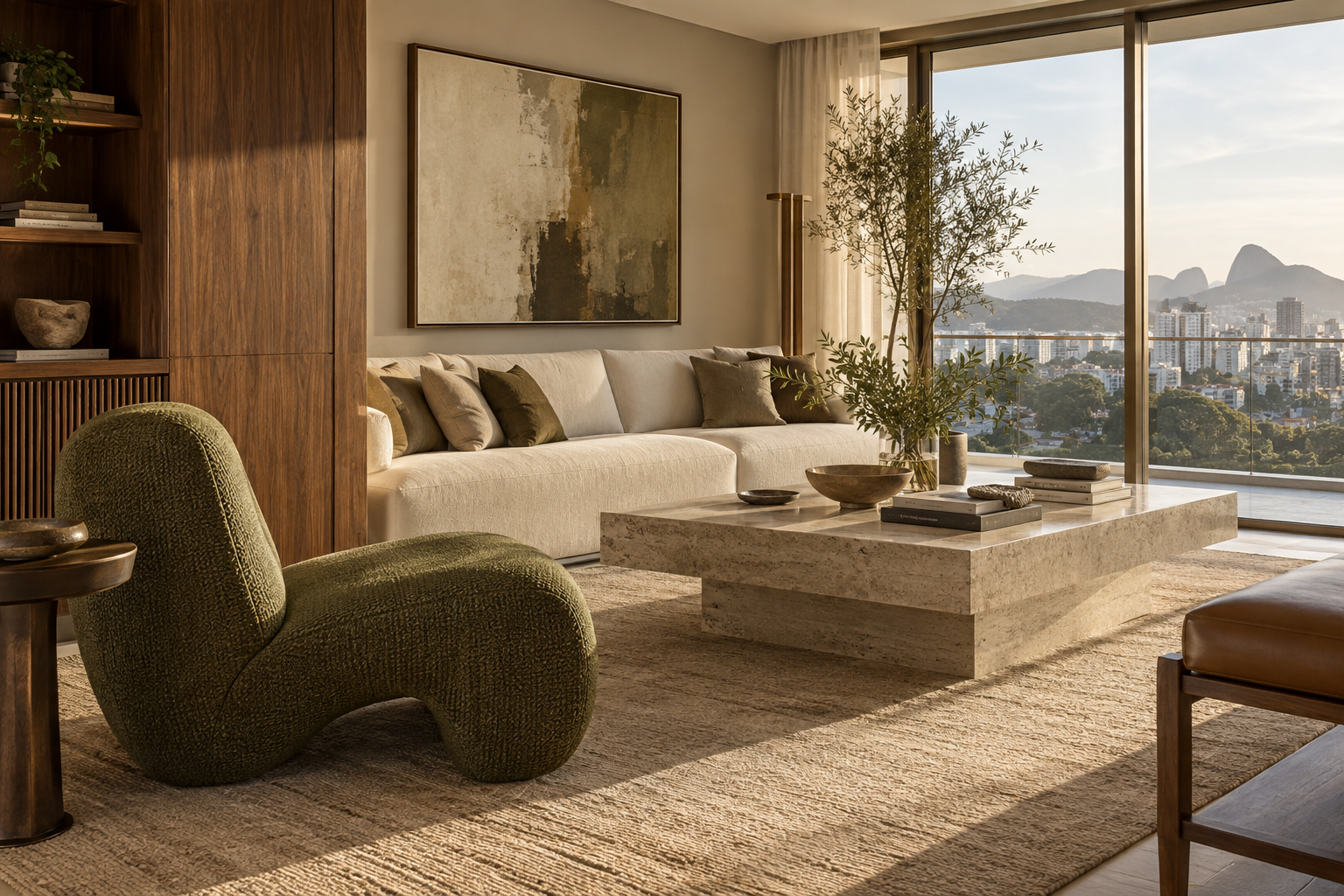 Poltrona oliva, madeira e materiais naturais em um interior de alto padrão