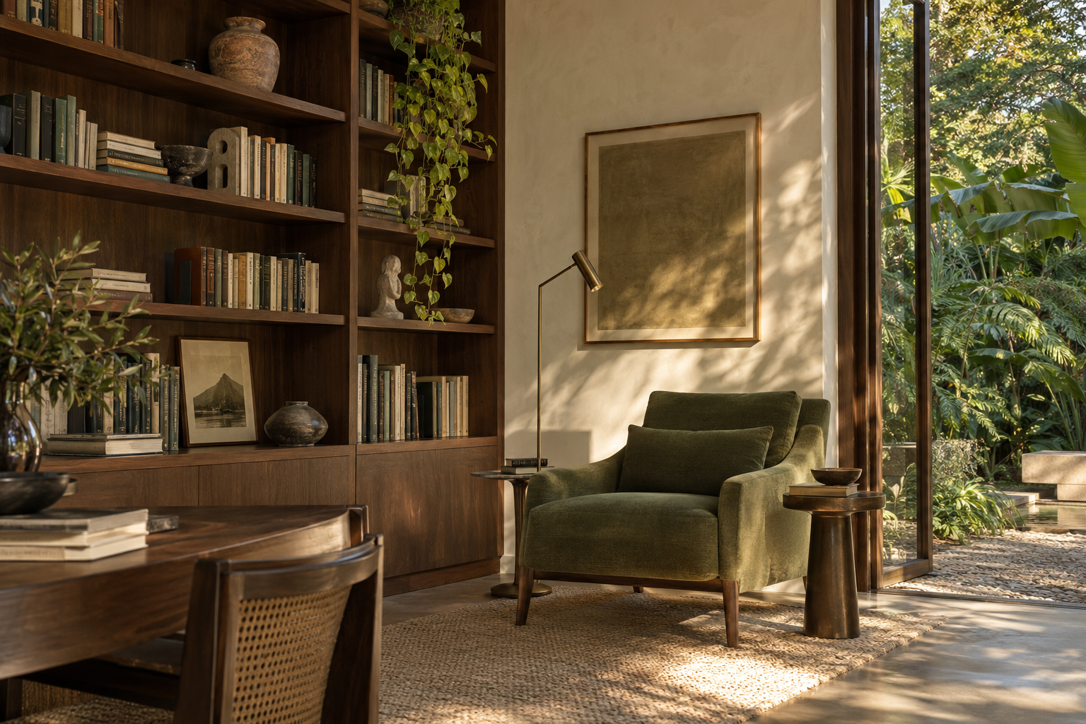 Biblioteca de madeira escura com poltrona oliva e vista para jardim